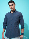 Highlander Men Teal Striped Slim Fit Casual Shirt - Teal - Image 1