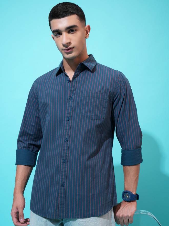 Highlander Men Teal Striped Slim Fit Casual Shirt - Teal - Image 1