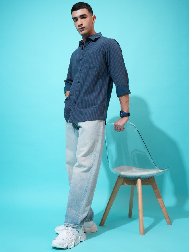 Highlander Men Teal Striped Slim Fit Casual Shirt - Teal - Image 2