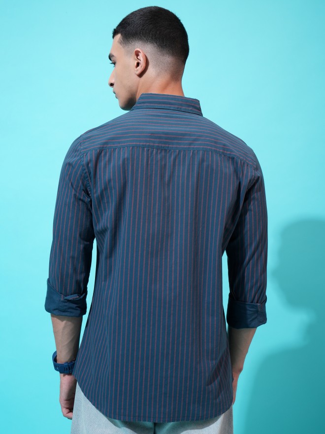 Highlander Men Teal Striped Slim Fit Casual Shirt - Teal - Image 3