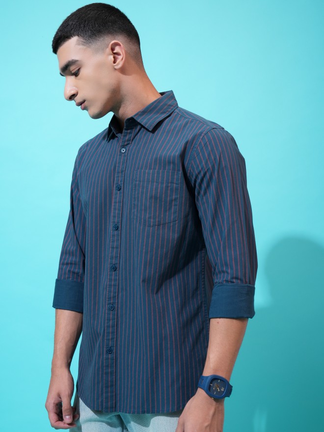 Highlander Men Teal Striped Slim Fit Casual Shirt - Teal - Image 4