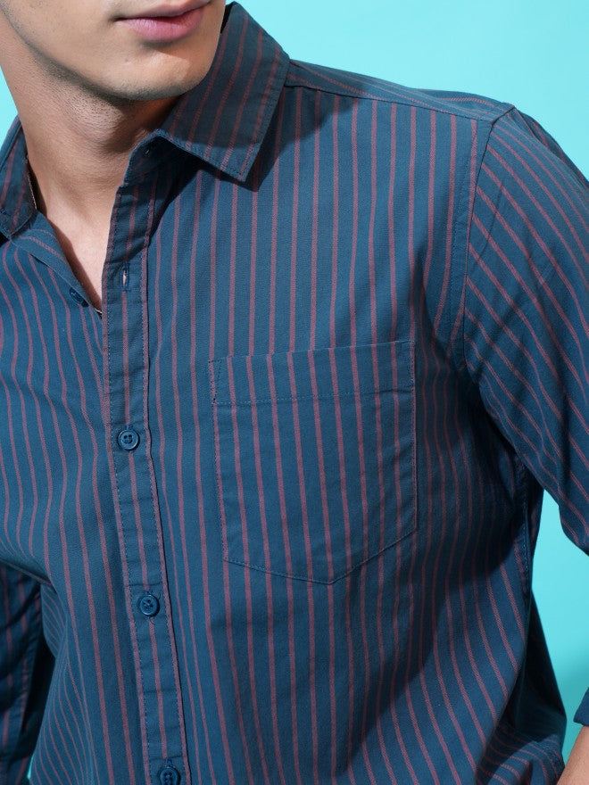 Highlander Men Teal Striped Slim Fit Casual Shirt - Teal - Image 5