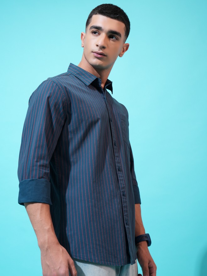 Highlander Men Teal Striped Slim Fit Casual Shirt - Teal - Image 6