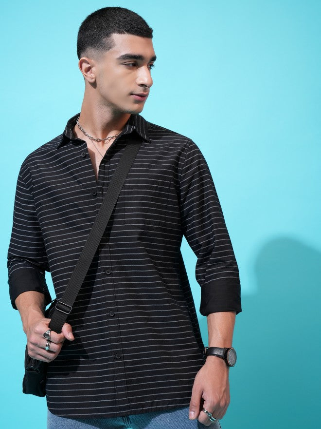 Highlander Men Black Striped Slim Fit Casual Shirt - Black - Image 1