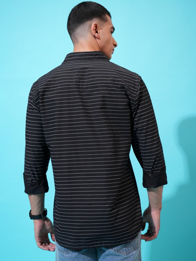 Highlander Men Black Striped Slim Fit Casual Shirt - Black - Image 3