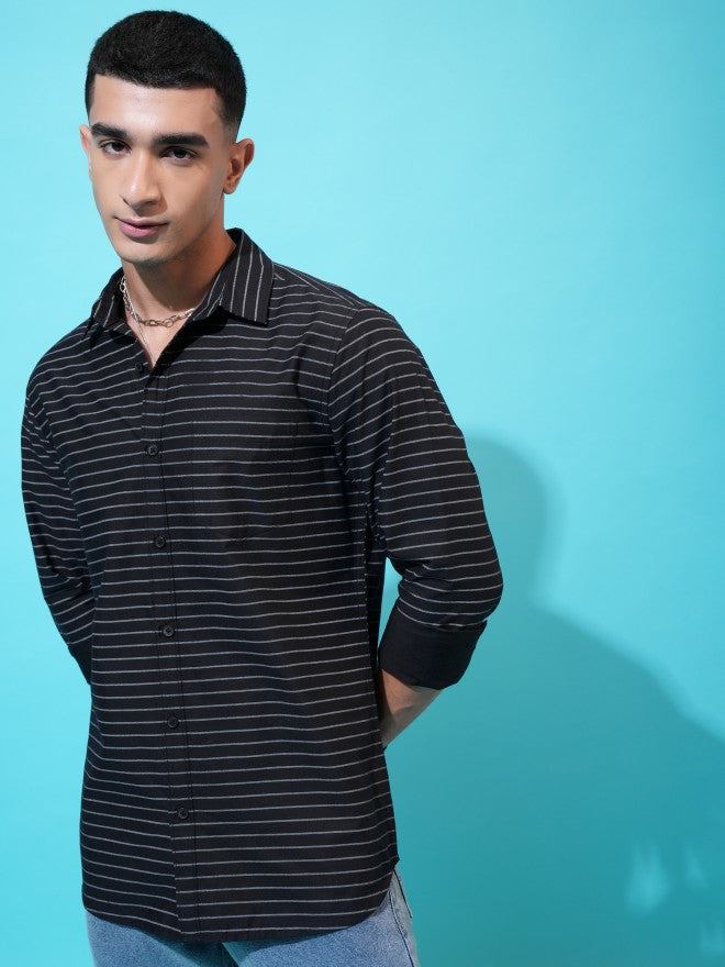 Highlander Men Black Striped Slim Fit Casual Shirt - Black - Image 4
