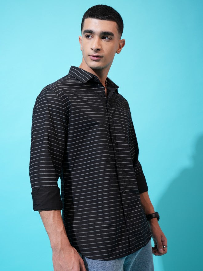 Highlander Men Black Striped Slim Fit Casual Shirt - Black - Image 6