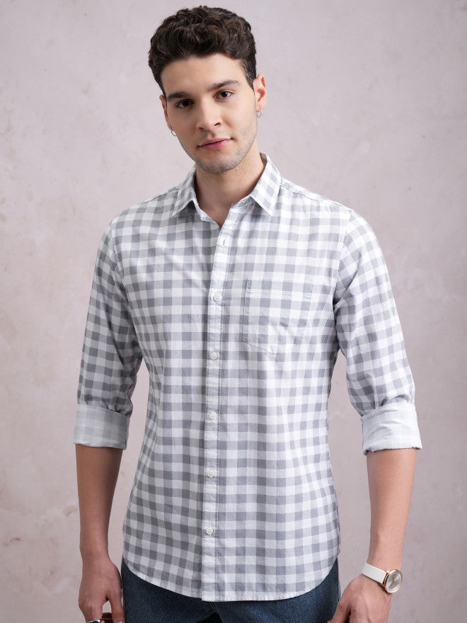 Highlander Men Grey Checked Slim Fit Casual Shirt - Grey - Image 1