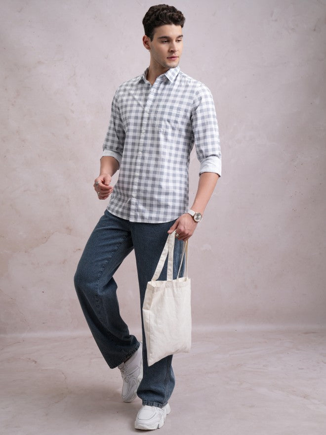 Highlander Men Grey Checked Slim Fit Casual Shirt - Grey - Image 2