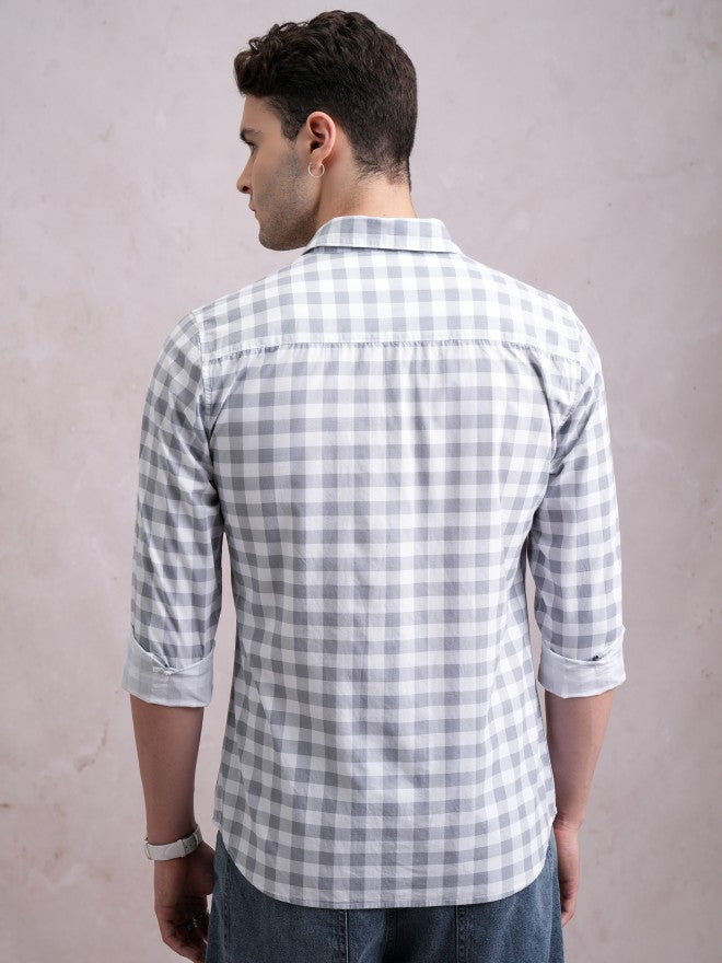 Highlander Men Grey Checked Slim Fit Casual Shirt - Grey - Image 3