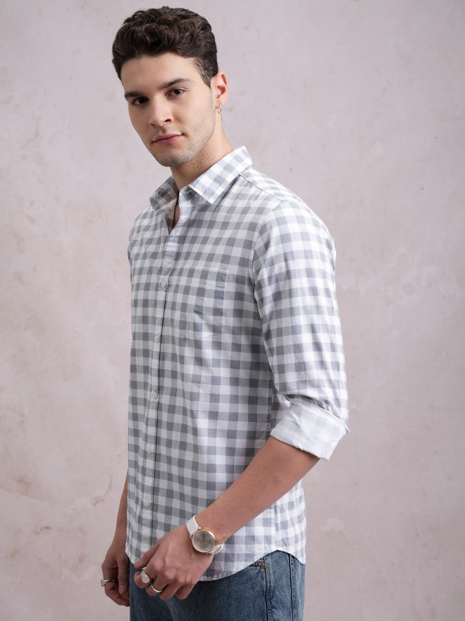 Highlander Men Grey Checked Slim Fit Casual Shirt - Grey - Image 4