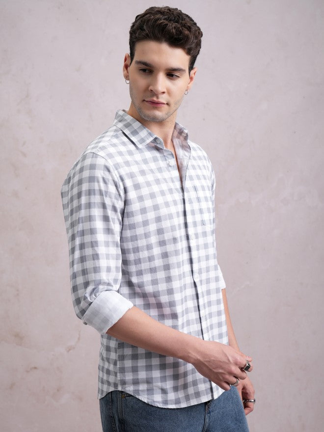 Highlander Men Grey Checked Slim Fit Casual Shirt - Grey - Image 6