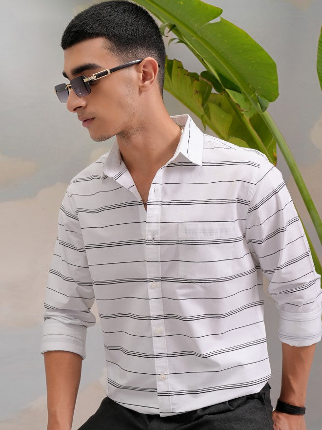 Highlander Men Black Striped Slim Fit Casual Shirt - Black - Image 1