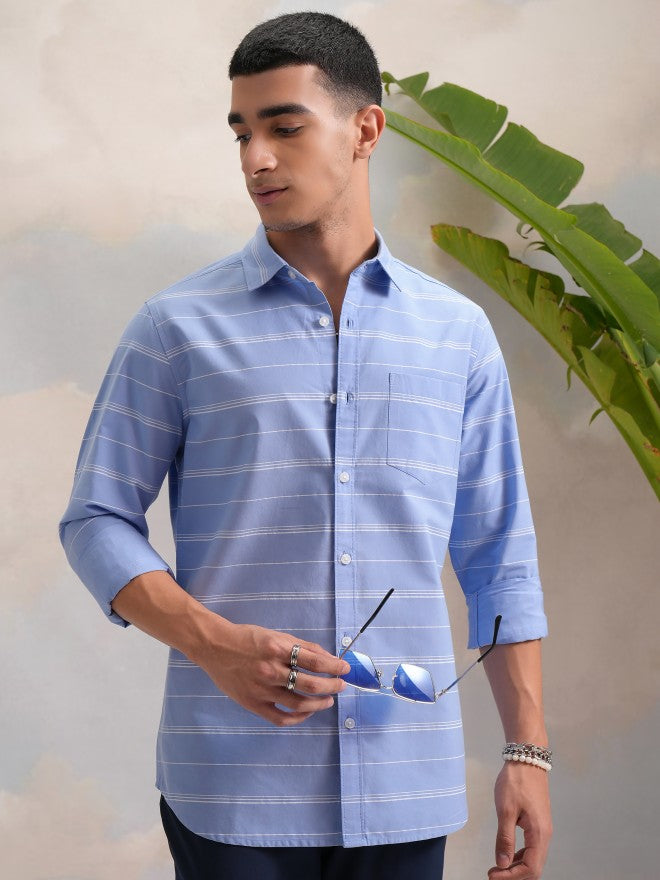 Highlander Men Blue Striped Slim Fit Casual Shirts - Blue - Image 1