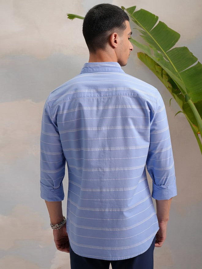 Highlander Men Blue Striped Slim Fit Casual Shirts - Blue - Image 3