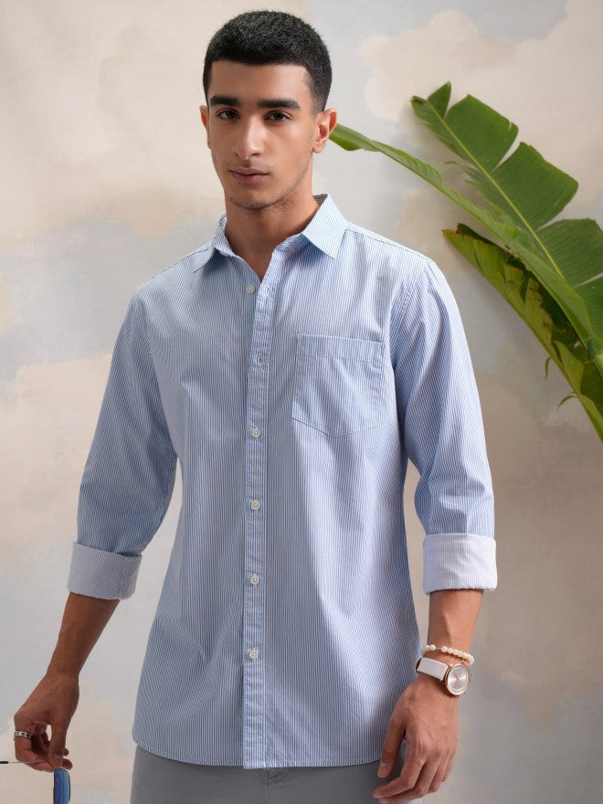 Highlander Men Blue Striped Slim Fit Casual Shirt - Blue - Image 1