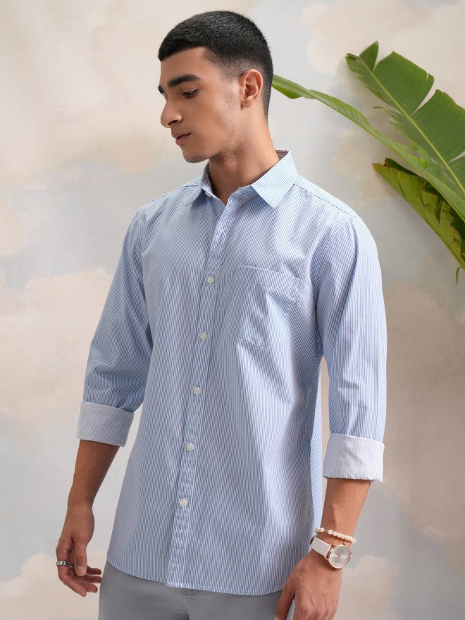 Highlander Men Blue Striped Slim Fit Casual Shirt - Blue - Image 4