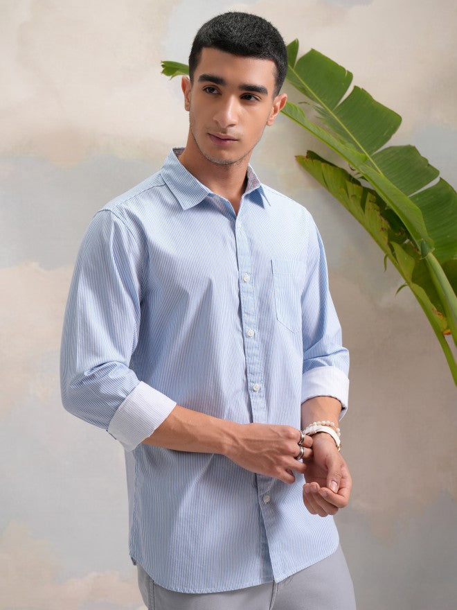 Highlander Men Blue Striped Slim Fit Casual Shirt - Blue - Image 6