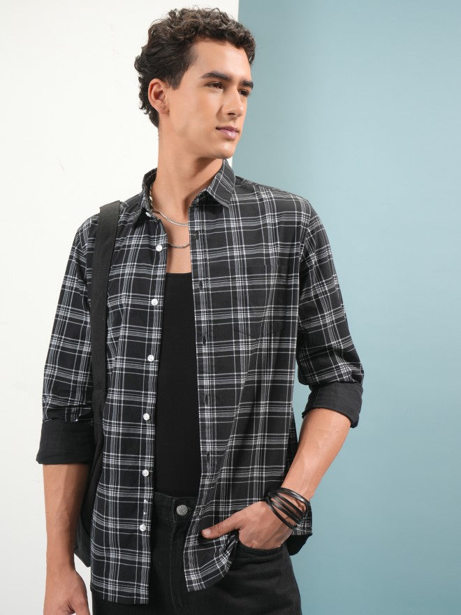 Highlander Men Black Tartan Checks Slim Fit Casual Shirt - Black - Image 1