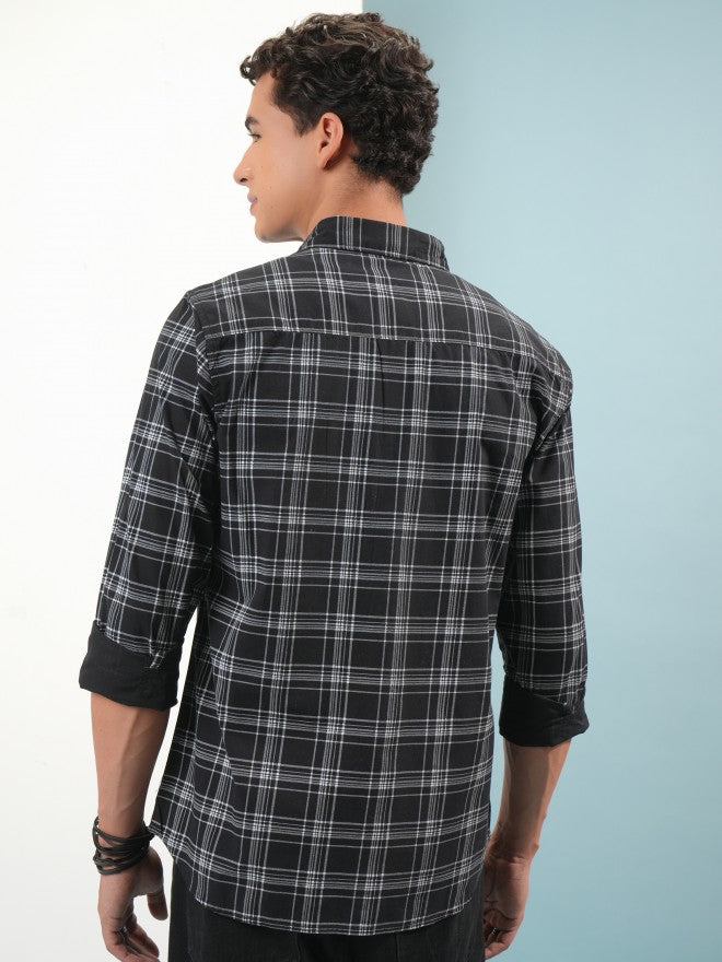 Highlander Men Black Tartan Checks Slim Fit Casual Shirt - Black - Image 3