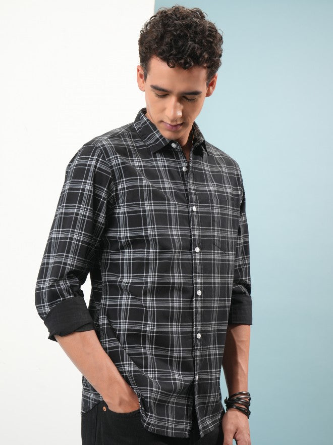 Highlander Men Black Tartan Checks Slim Fit Casual Shirt - Black - Image 6