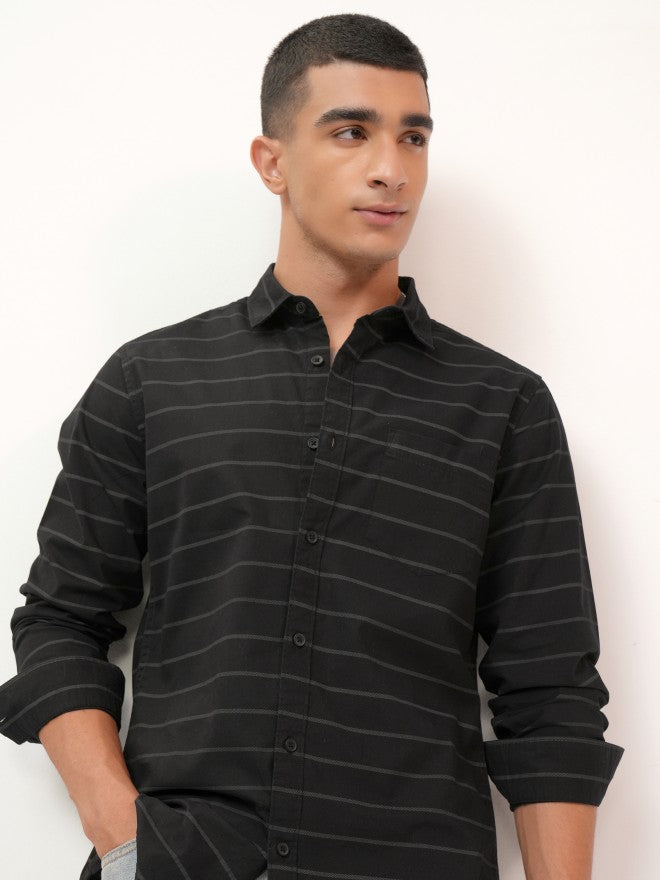 Highlander Men Black Striped Slim Fit Casual Shirt - Black - Image 1
