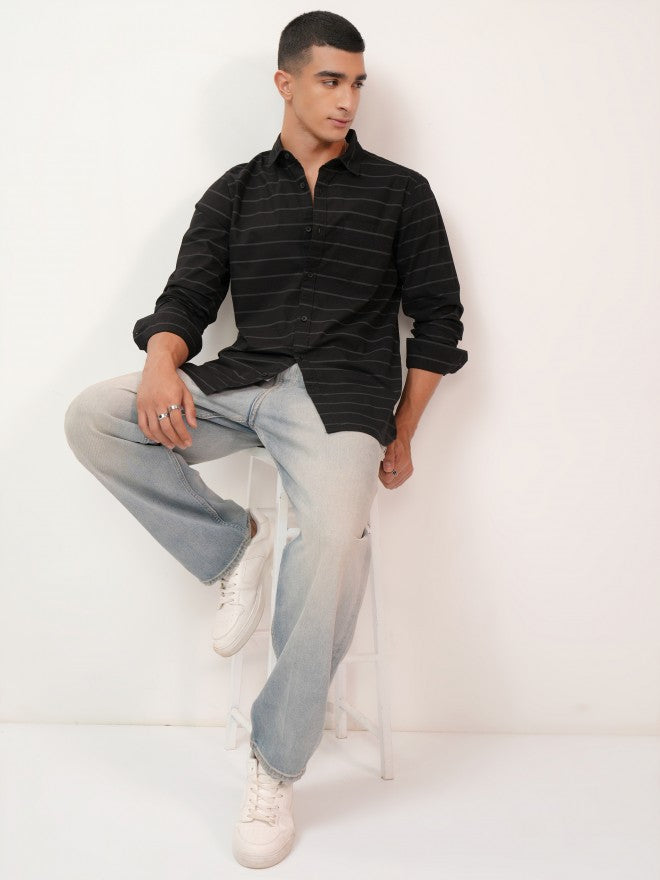 Highlander Men Black Striped Slim Fit Casual Shirt - Black - Image 2
