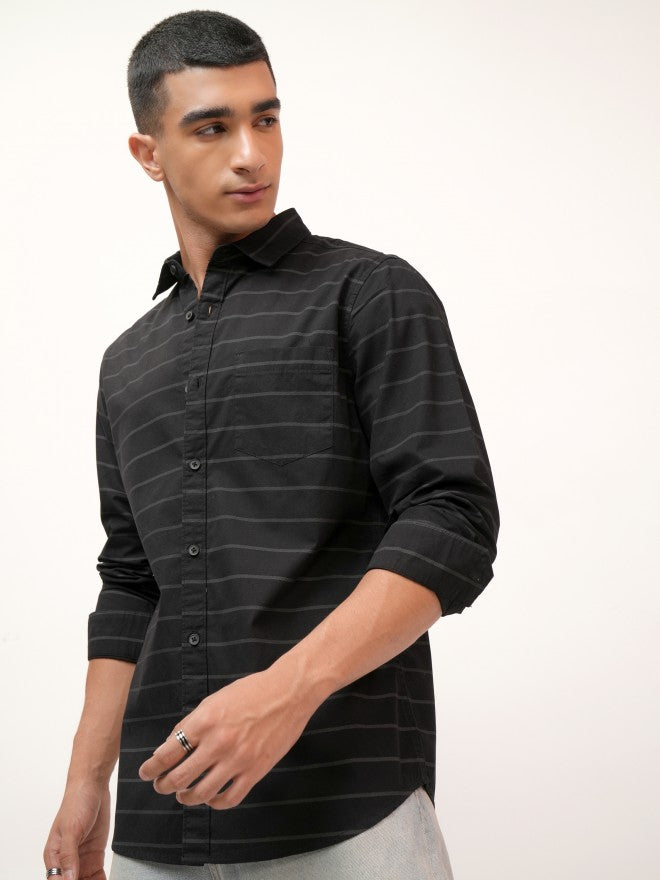 Highlander Men Black Striped Slim Fit Casual Shirt - Black - Image 4