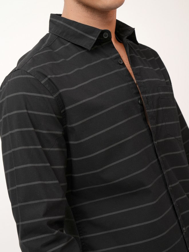 Highlander Men Black Striped Slim Fit Casual Shirt - Black - Image 5
