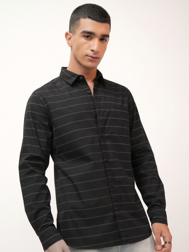Highlander Men Black Striped Slim Fit Casual Shirt - Black - Image 6