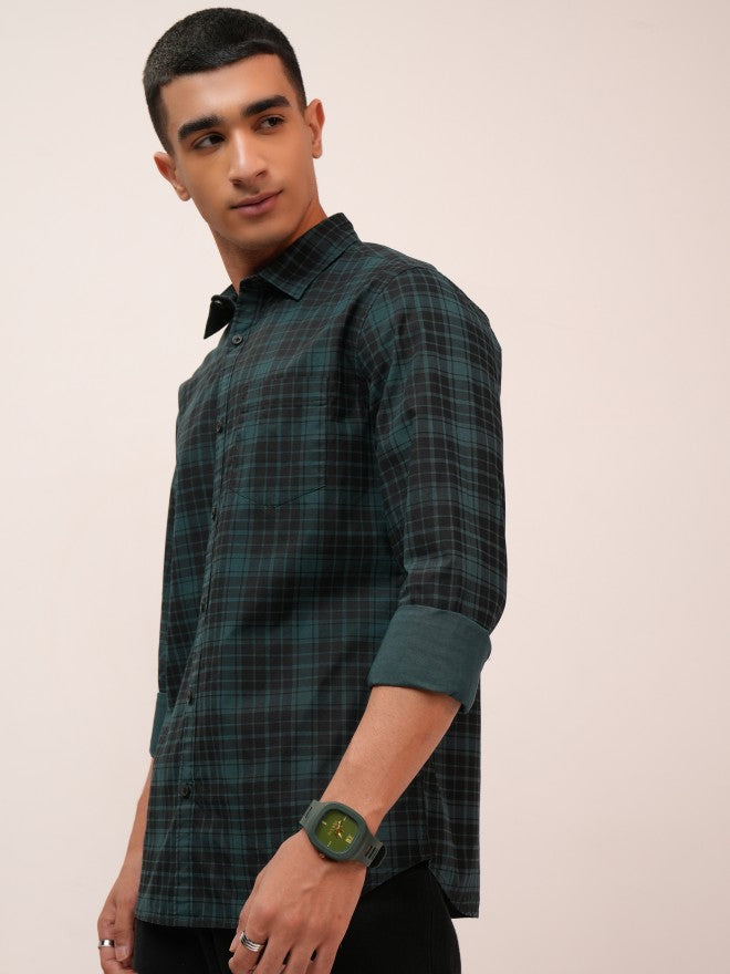 Highlander Men Teal Checked Slim Fit Casual Shirt - Teal - Image 4