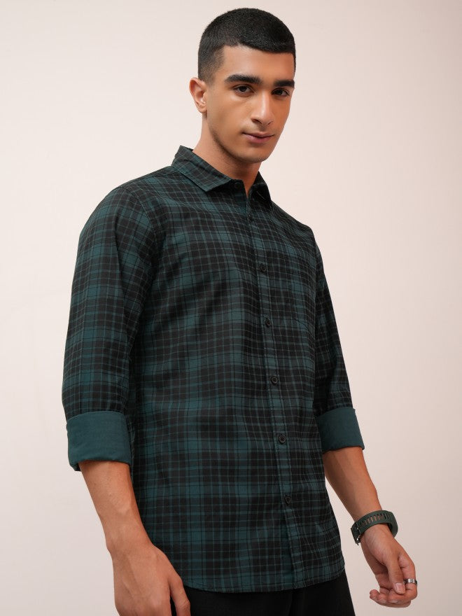 Highlander Men Teal Checked Slim Fit Casual Shirt - Teal - Image 6