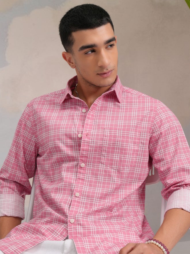 Highlander Men Pink Checked Slim Fit Casual Shirt - Pink - Image 1