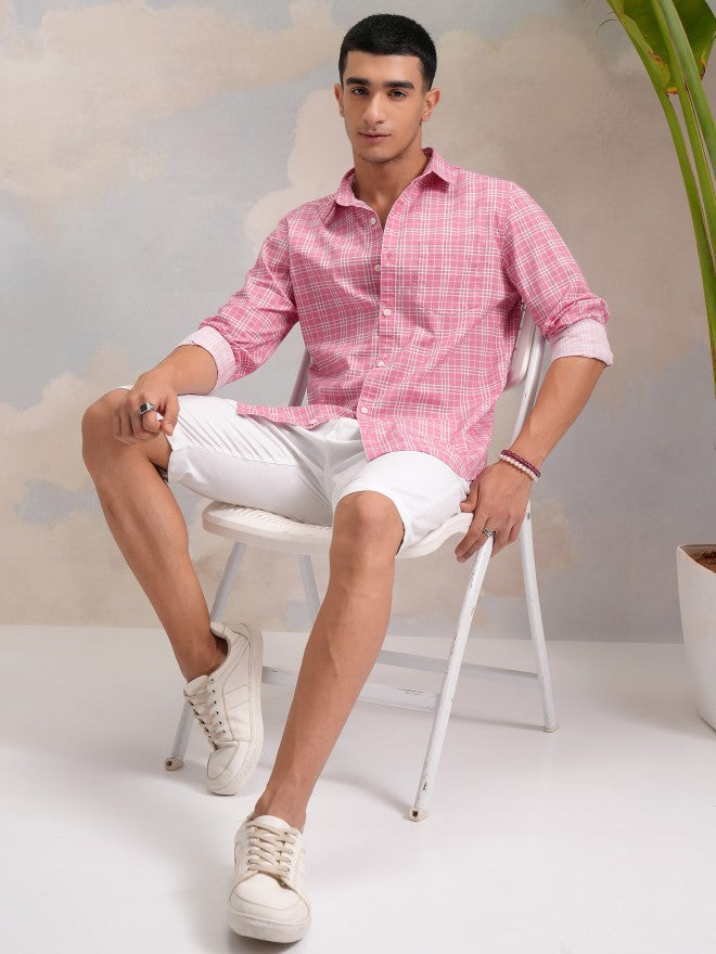 Highlander Men Pink Checked Slim Fit Casual Shirt - Pink - Image 2