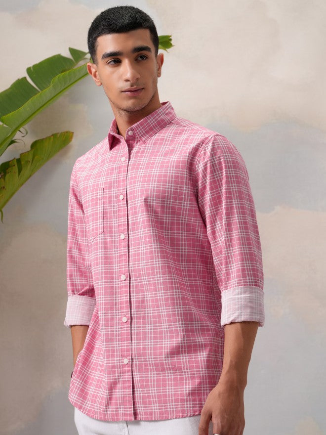 Highlander Men Pink Checked Slim Fit Casual Shirt - Pink - Image 4