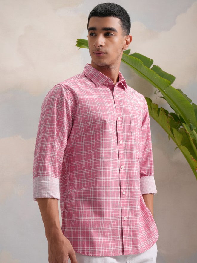 Highlander Men Pink Checked Slim Fit Casual Shirt - Pink - Image 6