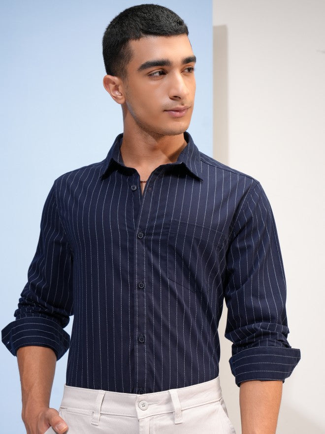 Highlander Men Navy Blue Striped Slim Fit Casual Shirt - Navy Blue - Image 1