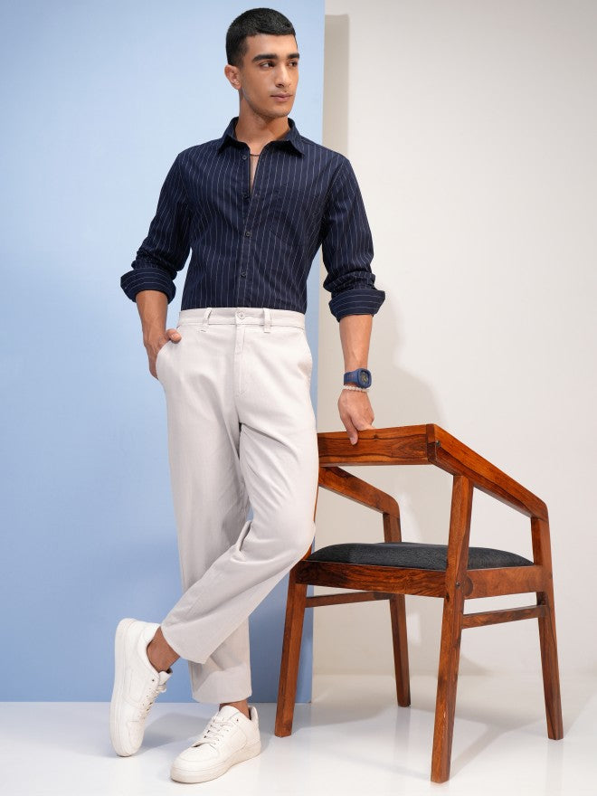 Highlander Men Navy Blue Striped Slim Fit Casual Shirt - Navy Blue - Image 2
