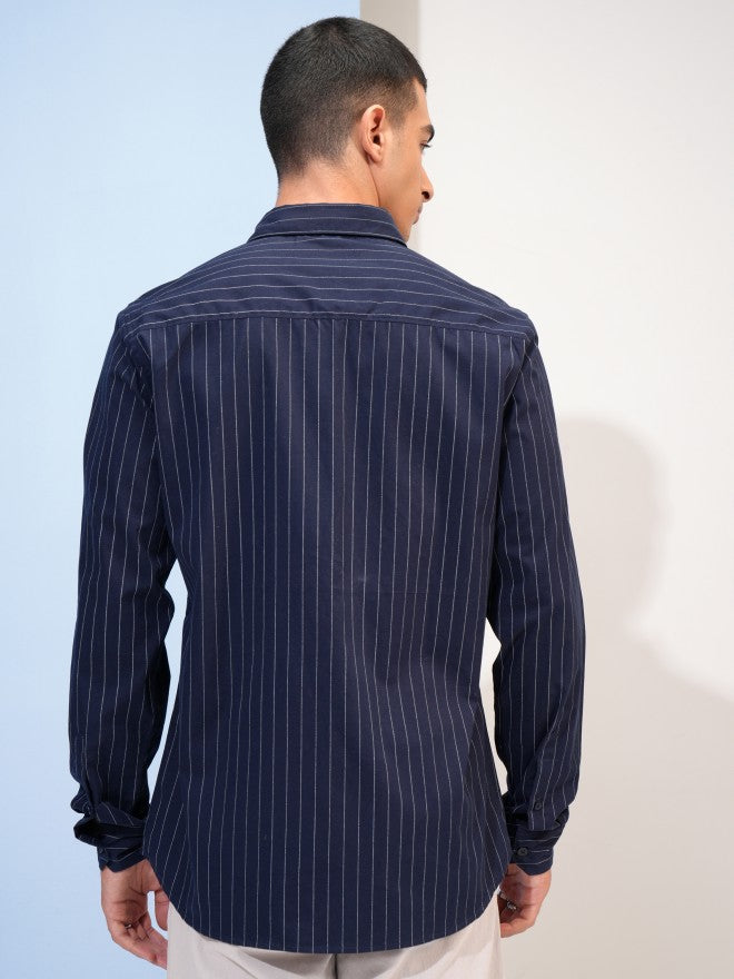 Highlander Men Navy Blue Striped Slim Fit Casual Shirt - Navy Blue - Image 3