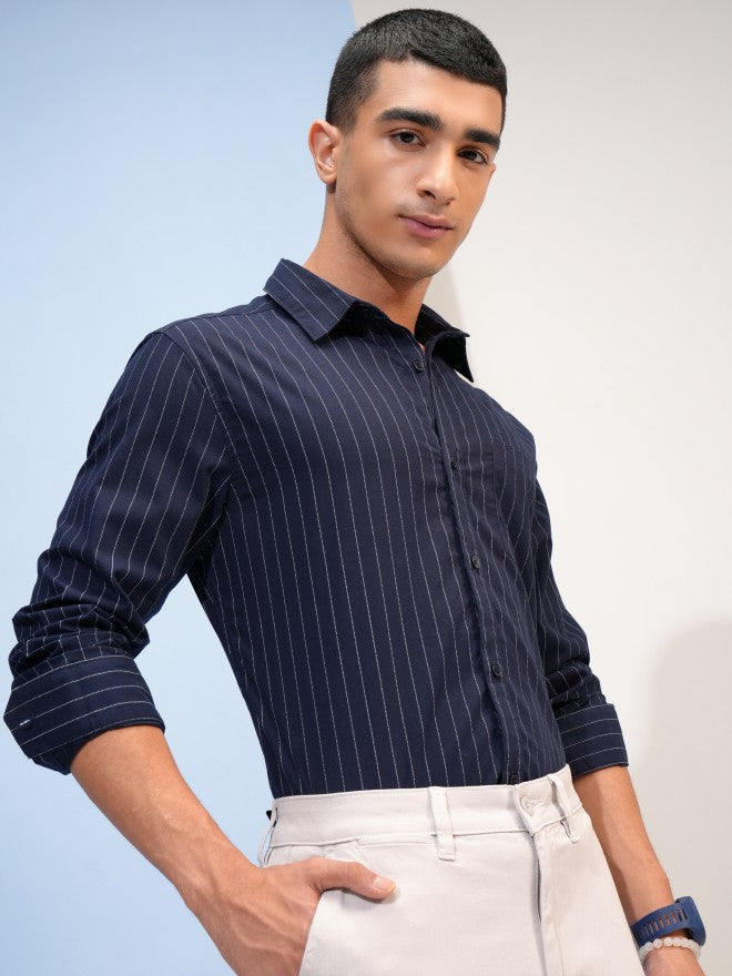Highlander Men Navy Blue Striped Slim Fit Casual Shirt - Navy Blue - Image 6