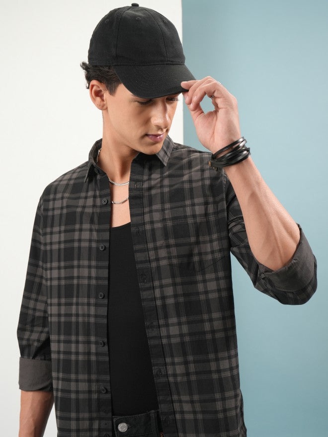 Highlander Men Black Checked Slim Fit Casual Shirt - Black - Image 1