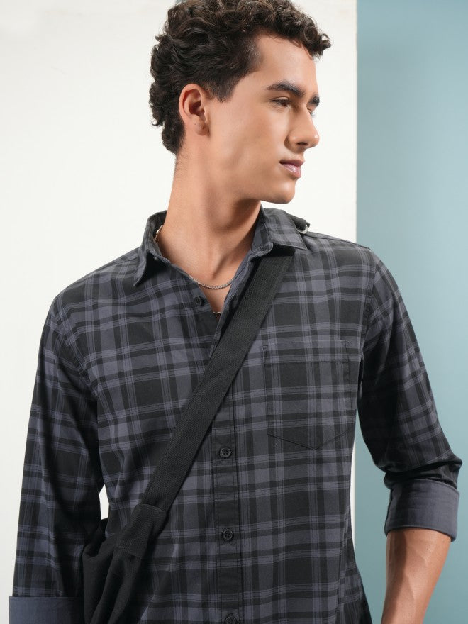 Highlander Men Blue Tartan Checks Slim Fit Casual Shirt - Blue - Image 1
