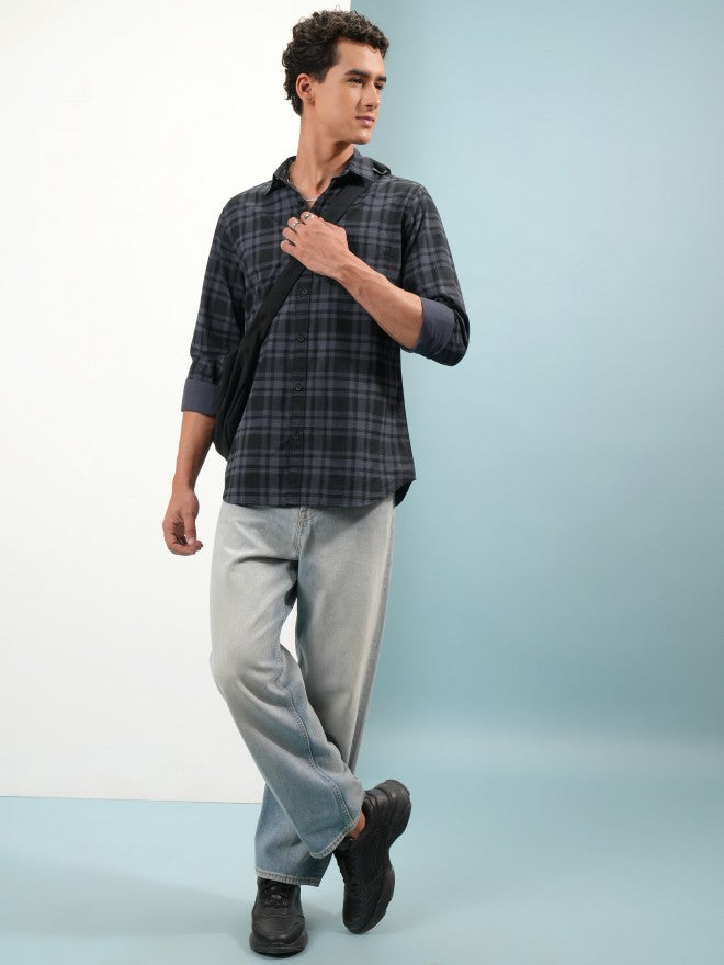 Highlander Men Blue Tartan Checks Slim Fit Casual Shirt - Blue - Image 2