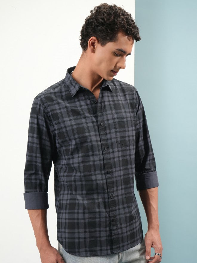 Highlander Men Blue Tartan Checks Slim Fit Casual Shirt - Blue - Image 6