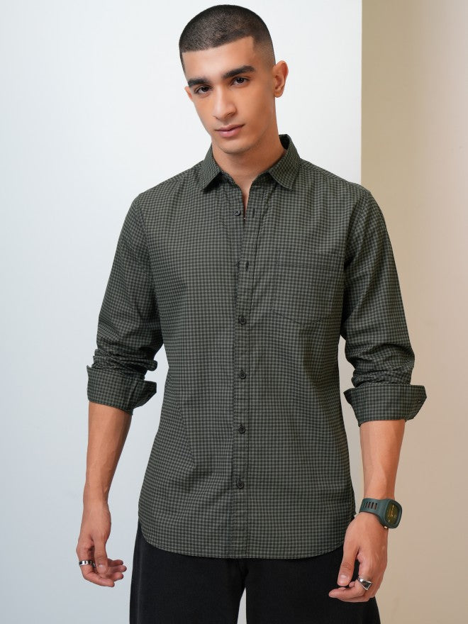 Highlander Men Olive Printed Slim Fit Casual Shirt - Olive - Image 1