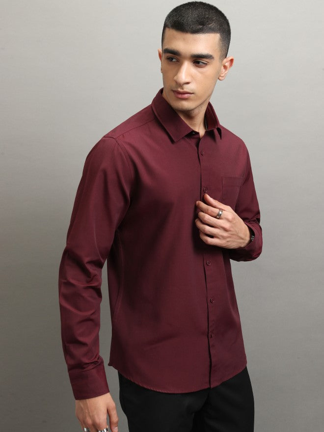 Highlander Men Burgundy Solid Slim Fit Casual Shirt - Burgundy - Image 6