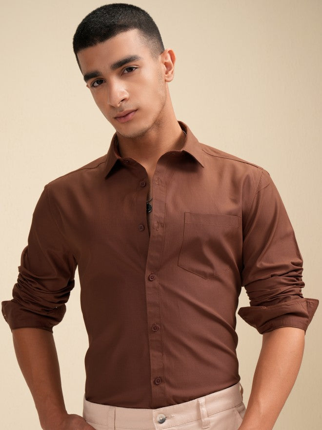 Highlander Men Brown Solid Slim Fit Casual Shirt - Brown - Image 7