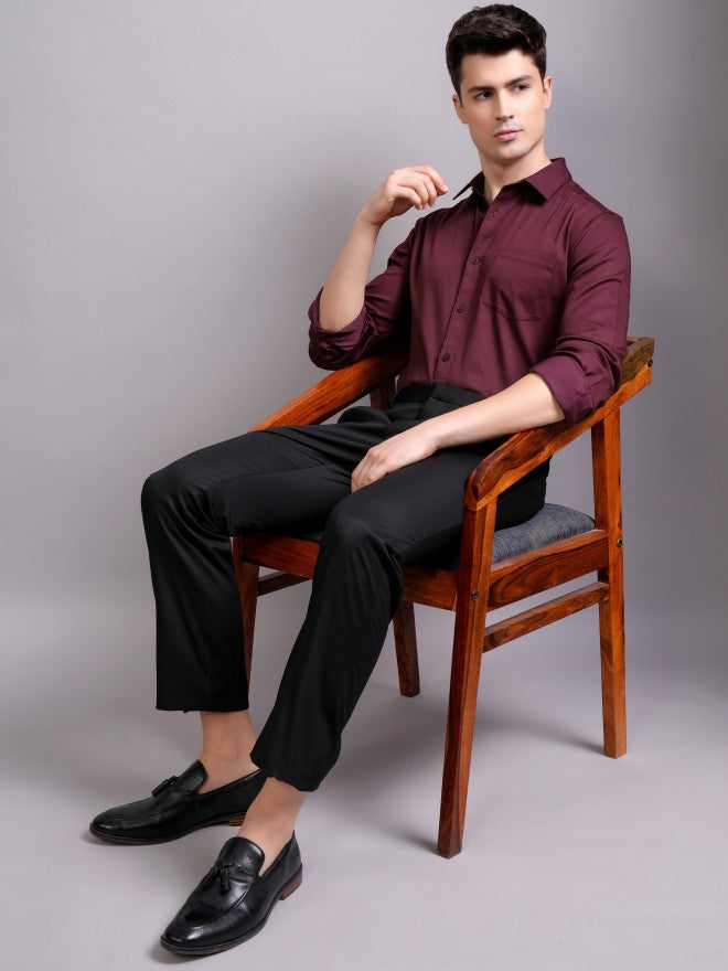 Highlander Men Burgundy Solid Slim Fit Casual Shirt - Burgundy - Image 2