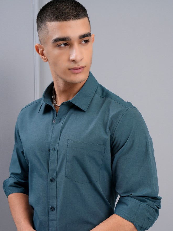 Highlander Men Teal Solid Slim Fit Casual Shirt - Teal - Image 1