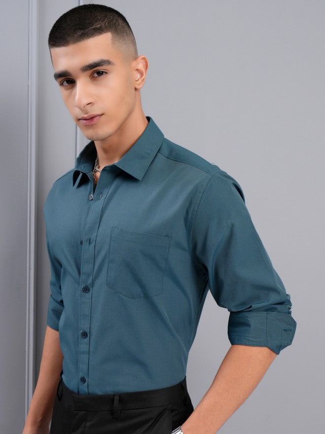 Highlander Men Teal Solid Slim Fit Casual Shirt - Teal - Image 4